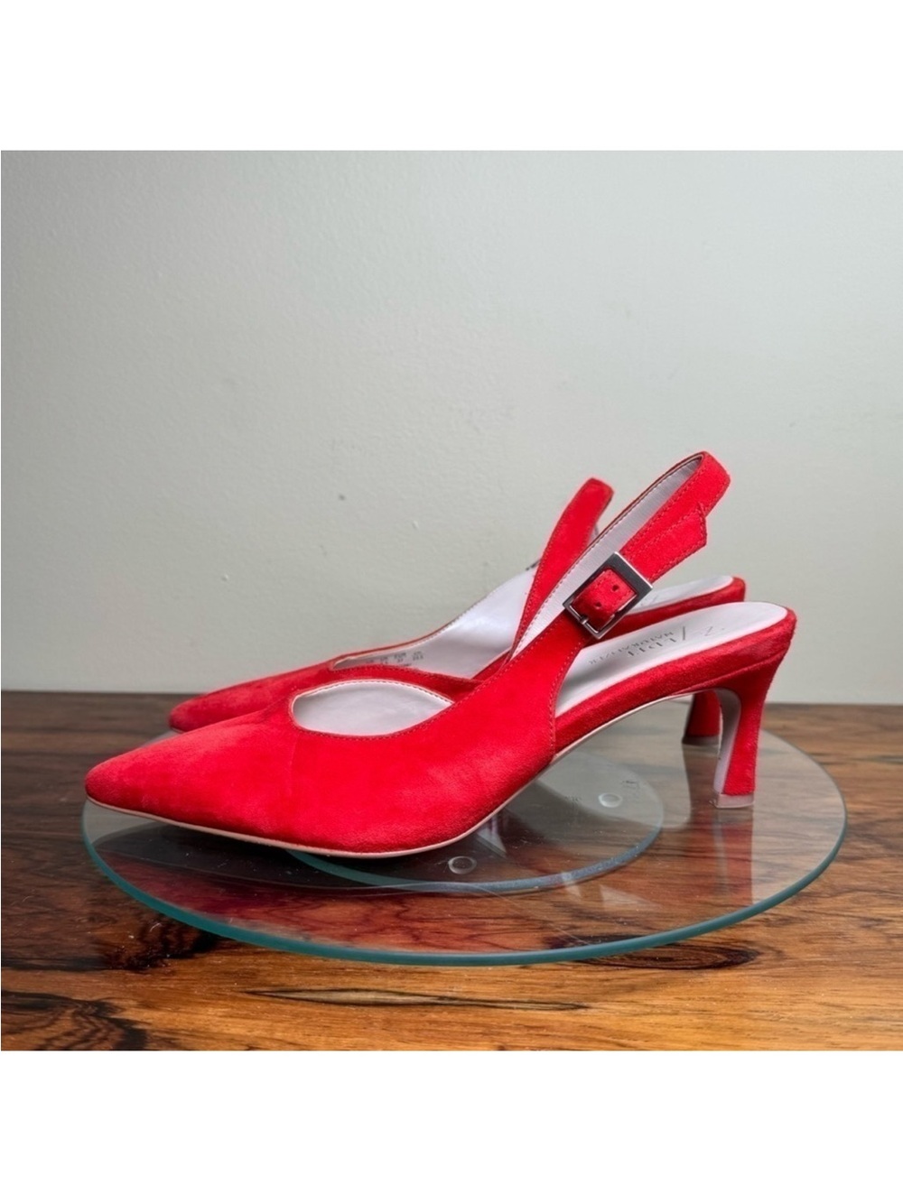 27 EDIT Red Pointed-Toe Slingback Kitten Heel Pumps